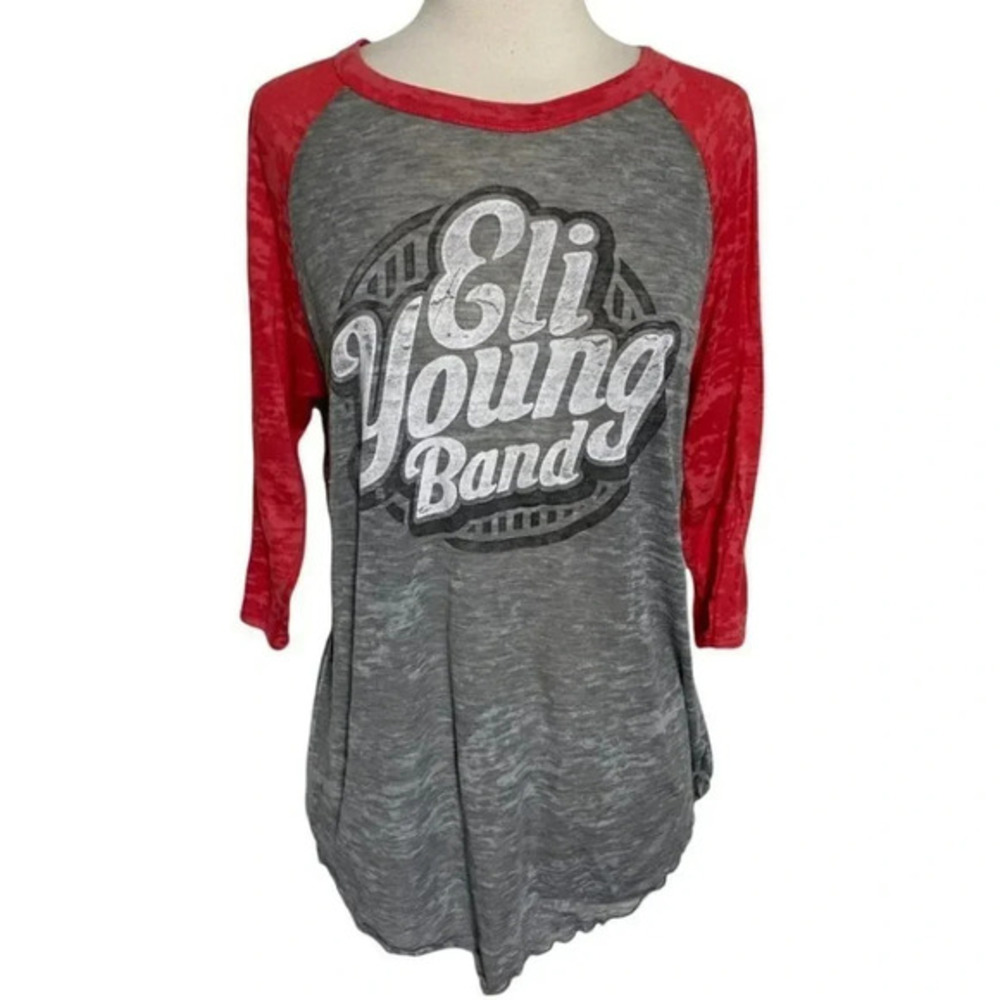 Eli Young Band L gray/red burn out 3/4 sleeve top
